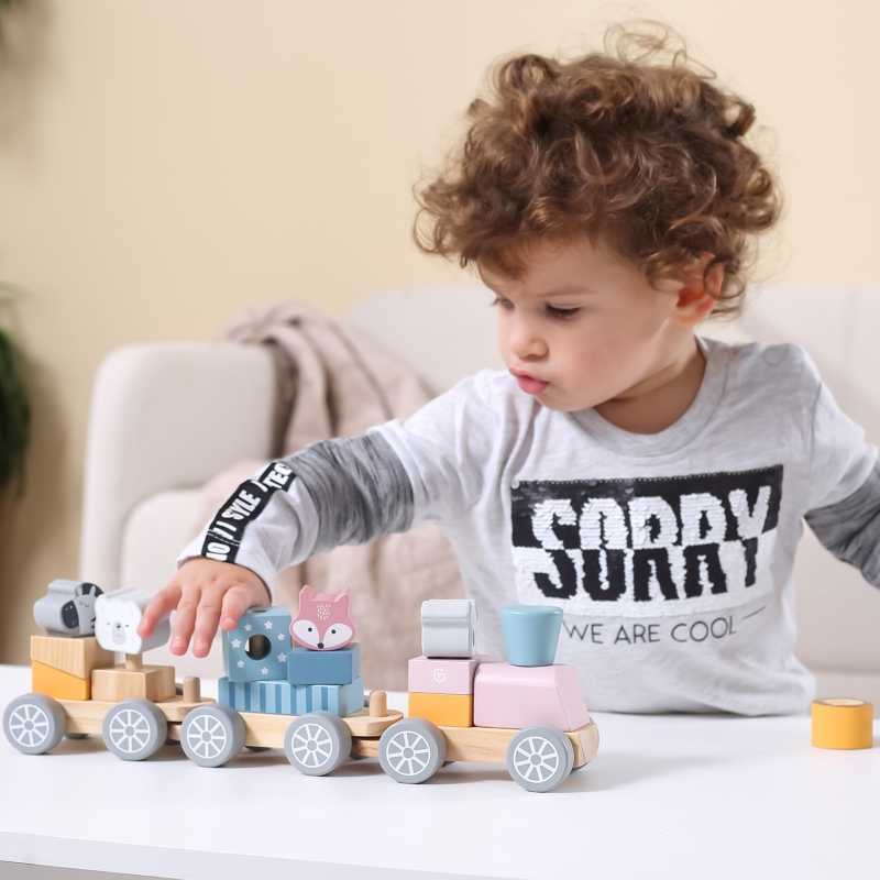 Viga medinis traukinys su vagonais ir gyvūnais PolarB Montessori