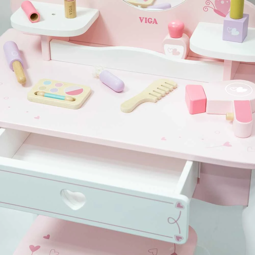 Viga Toys VIGA Medinė Tualetė su Veidrodžiu ir Kėdute Balti-Rožiniai