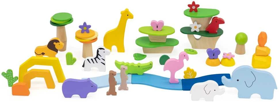 Viga Toys Medinių kaladėlių rinkinys VIGA Tropinių istorijų pasaulis 55 vnt