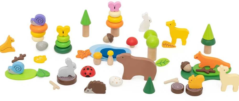 Viga Toys Medinių kaladėlių rinkinys VIGA Miško istorijų pasaulis 58 vnt