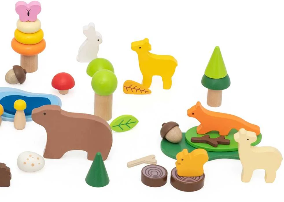Viga Toys Medinių kaladėlių rinkinys VIGA Miško istorijų pasaulis 58 vnt