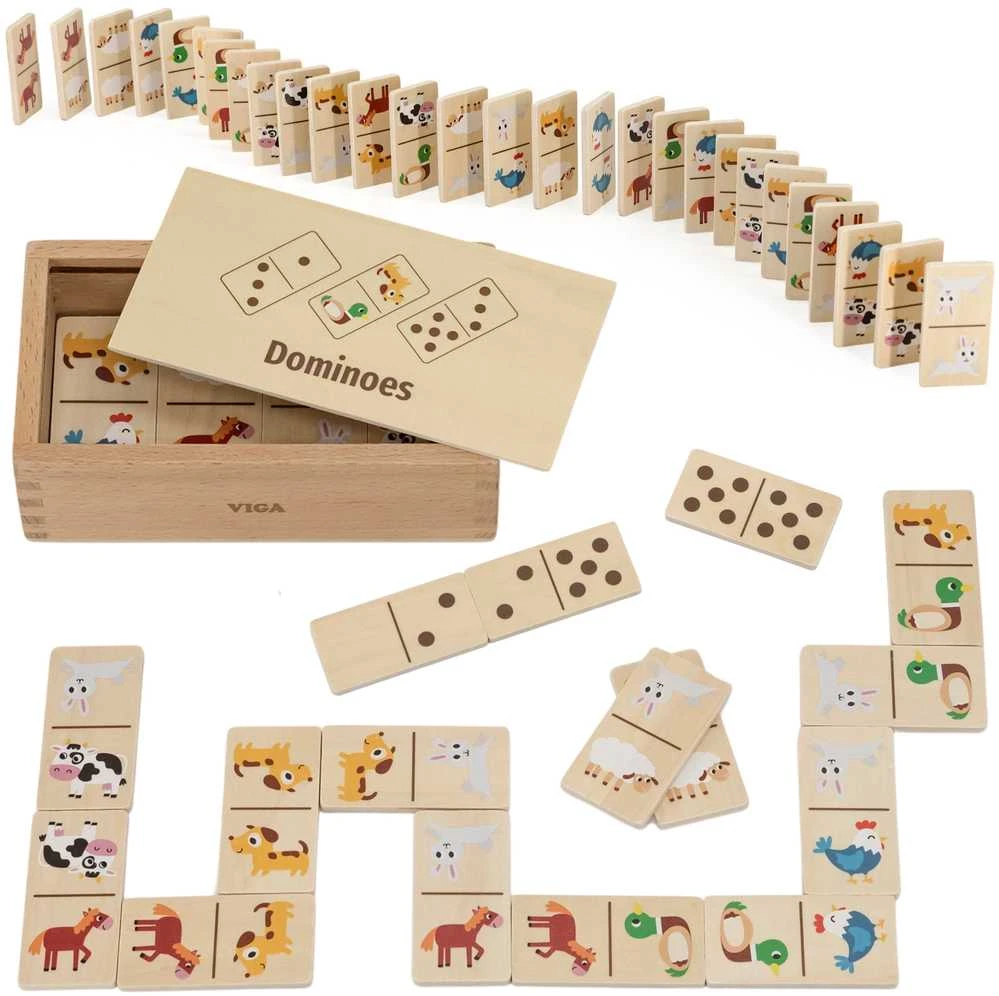 Viga Toys VIGA medinis domino 2in1 Gyvūnai ir skaičiai