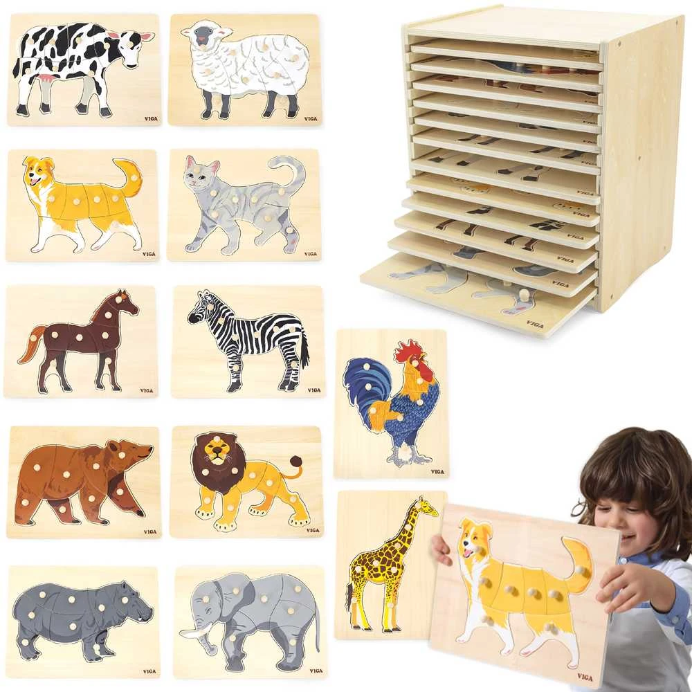 Dėlionė Viga Toys Viga medinis galvosūkių komplektas 12 galvosūkių gyvūnai Montessori + Stendas