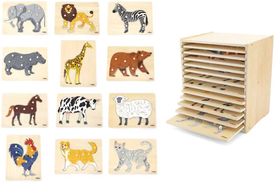 Dėlionė Viga Toys Viga medinis galvosūkių komplektas 12 galvosūkių gyvūnai Montessori + Stendas