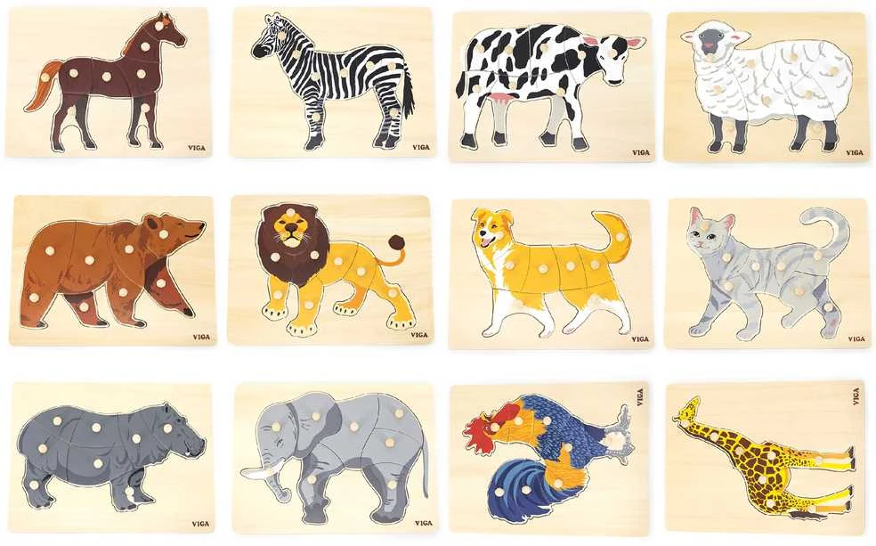 Dėlionė Viga Toys Viga medinis galvosūkių komplektas 12 galvosūkių gyvūnai Montessori + Stendas