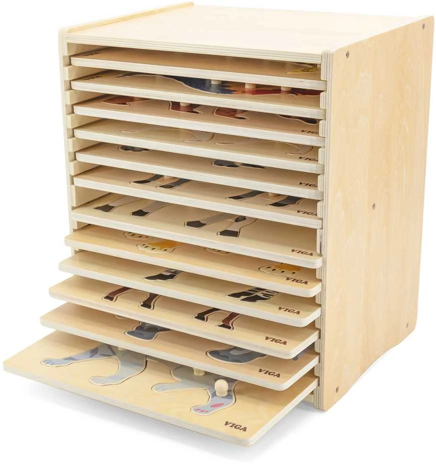 Dėlionė Viga Toys Viga medinis galvosūkių komplektas 12 galvosūkių gyvūnai Montessori + Stendas