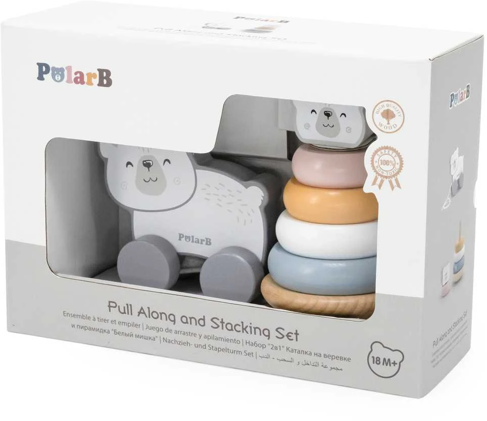 Viga Toys Viga Medinis Žaislas PolarB Komplektas: Poliarinis Lokys Stacking Piramidė + Traukiamas Poliarinis Lokys