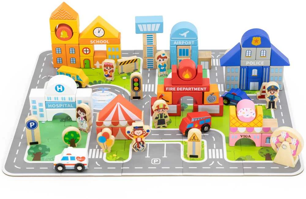 Viga Toys Viga Medinis Miesto Statybos Rinkinys Su Dėžute