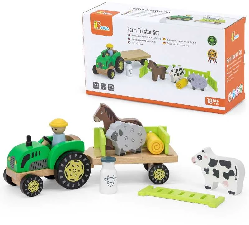 Viga Toys Viga 44680 Medinis traktorius su priekaba ir gyvūnais