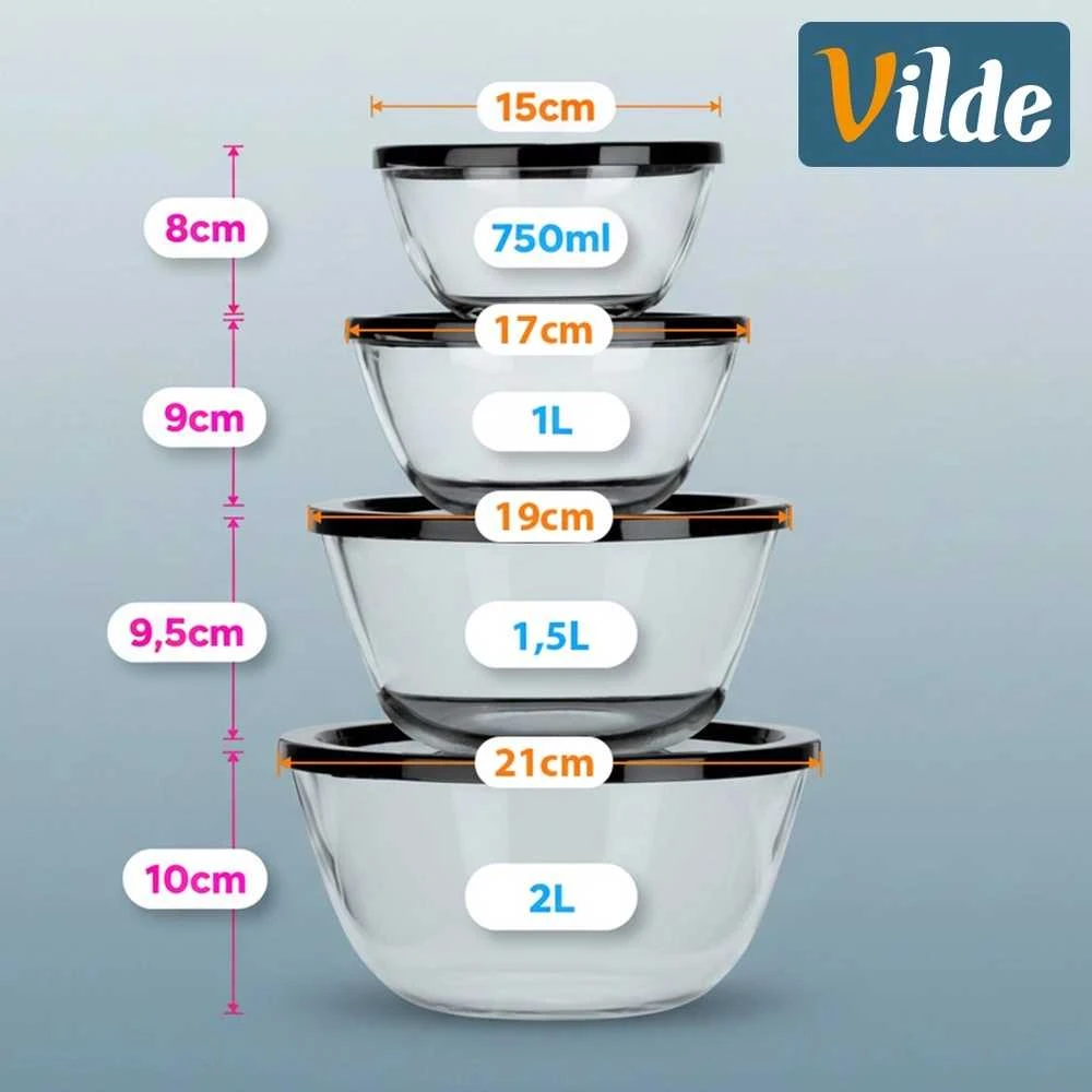 Stikliniai Dubenėliai su Dangčiais Vilde 750 ml, 1 l, 1,5 l, 2 l (4 vnt.)