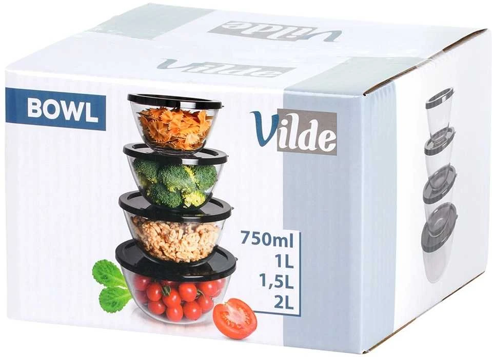 Stikliniai Dubenėliai su Dangčiais Vilde 750 ml, 1 l, 1,5 l, 2 l (4 vnt.)