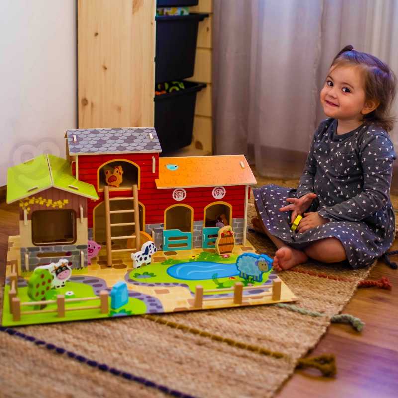 Woopie Vaikiška medinė gyvūnėlių ferma su figūrėlėmis, 28 vnt.
