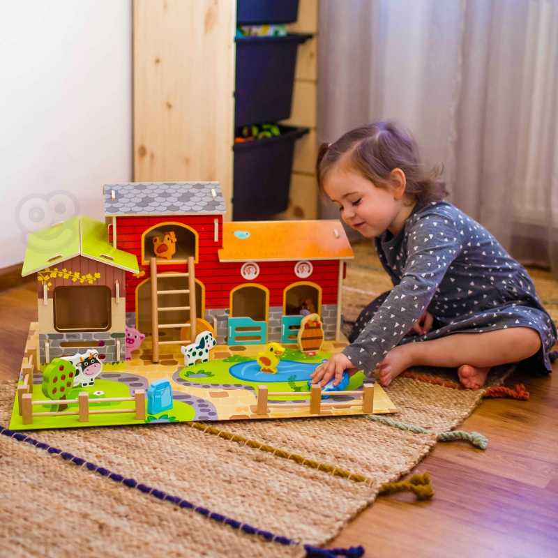 Woopie Vaikiška medinė gyvūnėlių ferma su figūrėlėmis, 28 vnt.