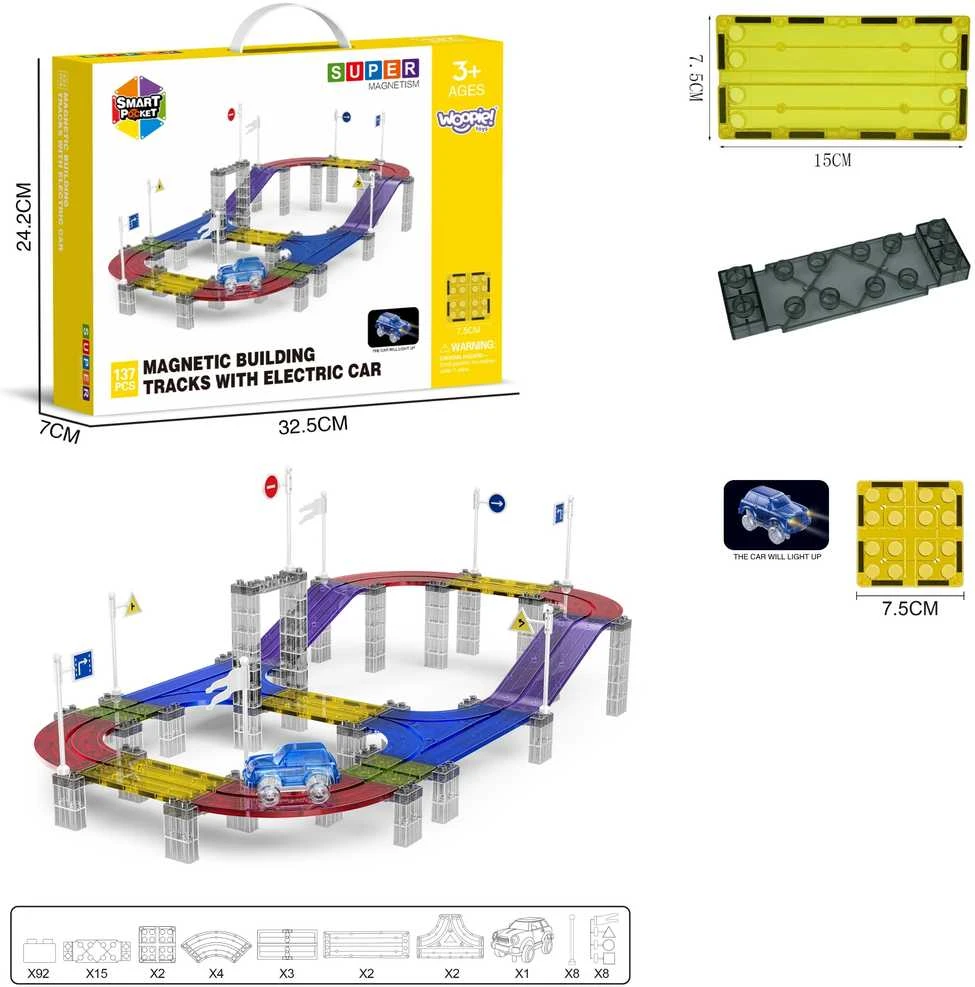 Woopie Magnetinis Automobilių Trasos Komplektas su LED Automobiliu