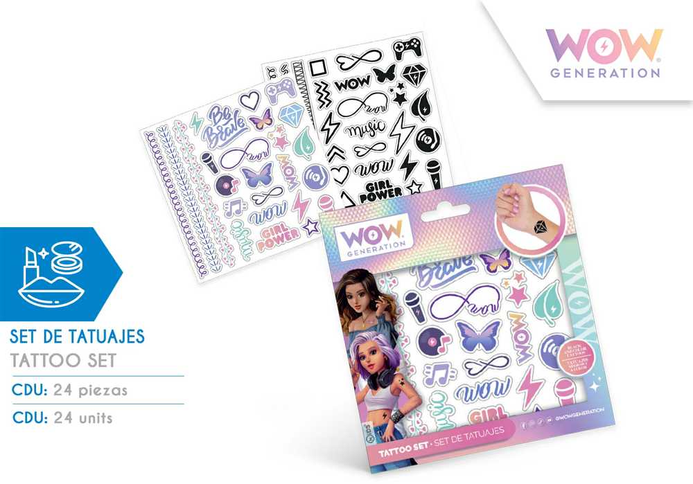 Kids Euroswan Hiszpania WOW Generation tatuiruočių rinkinys 50 vnt. spalvoti ir juodai baltai