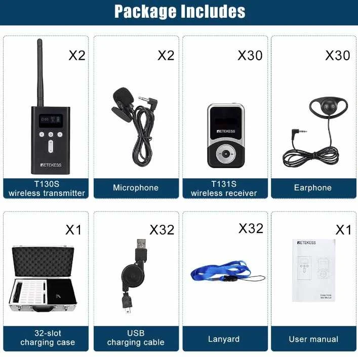 Bevielė gido sistema - 30 vartotojų Retekess T130S T131S Tour Audio Systems for Tourism with Charging Case
