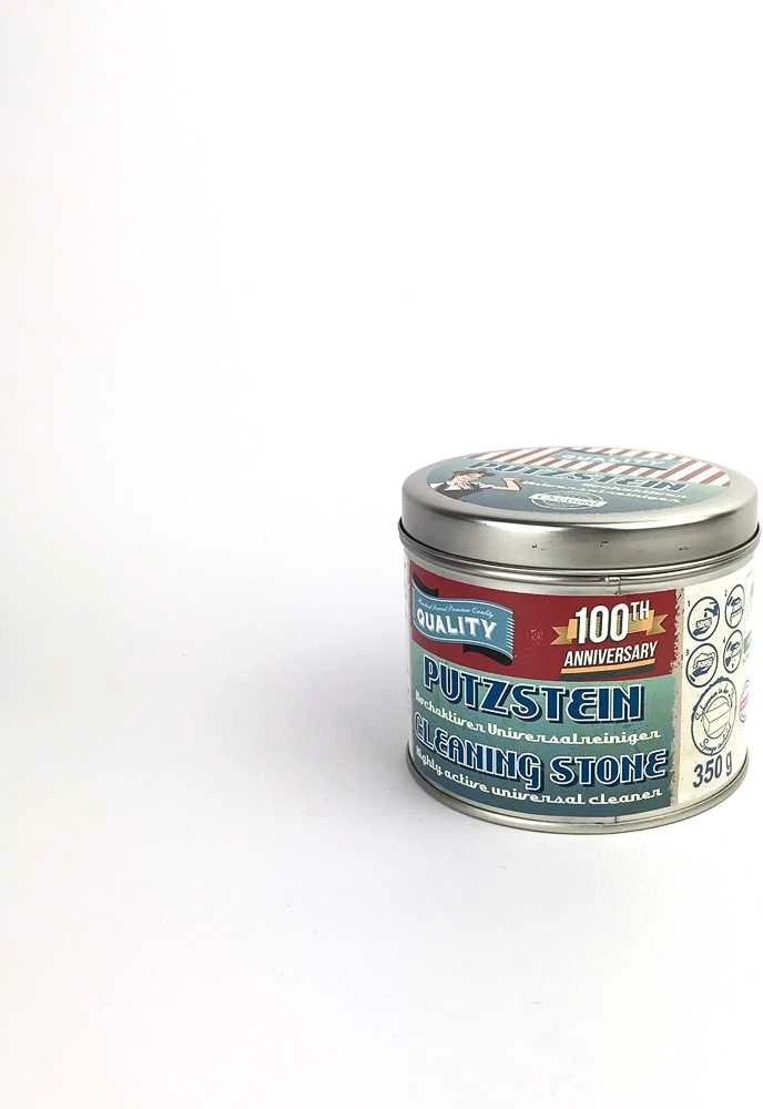 Stolz Universalus valymo ir poliravimo akmuo metalinėje dėžutėje PUTZSTEIN CLEANING STONE ORIGINAL, komplekte kempinė, 350g