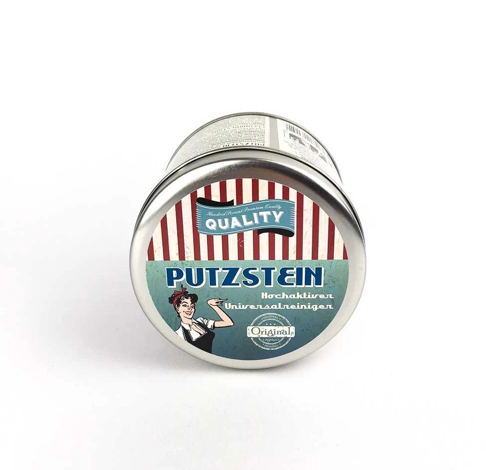 Stolz Universalus valymo ir poliravimo akmuo metalinėje dėžutėje PUTZSTEIN CLEANING STONE ORIGINAL, komplekte kempinė, 350g