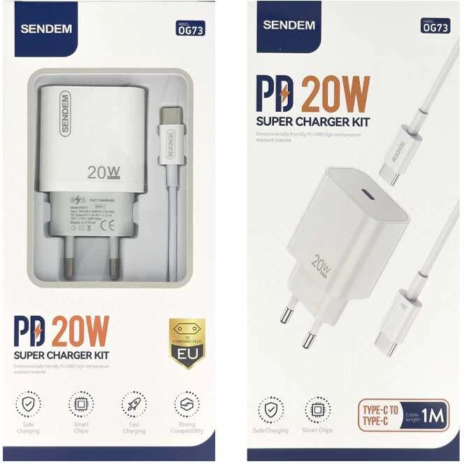 SENDEM OG73 USB-C+C2C PD 20W, baltas
