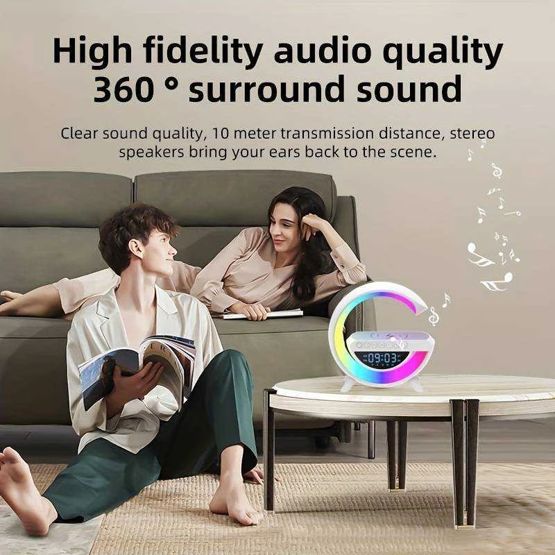 3in1 5W Garso kolonėlė su RGB apšvietimu, belaidžiu įkrovimu ir žadintuvu