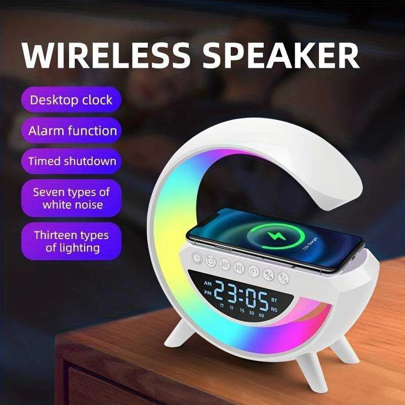 3in1 5W Garso kolonėlė su RGB apšvietimu, belaidžiu įkrovimu ir žadintuvu