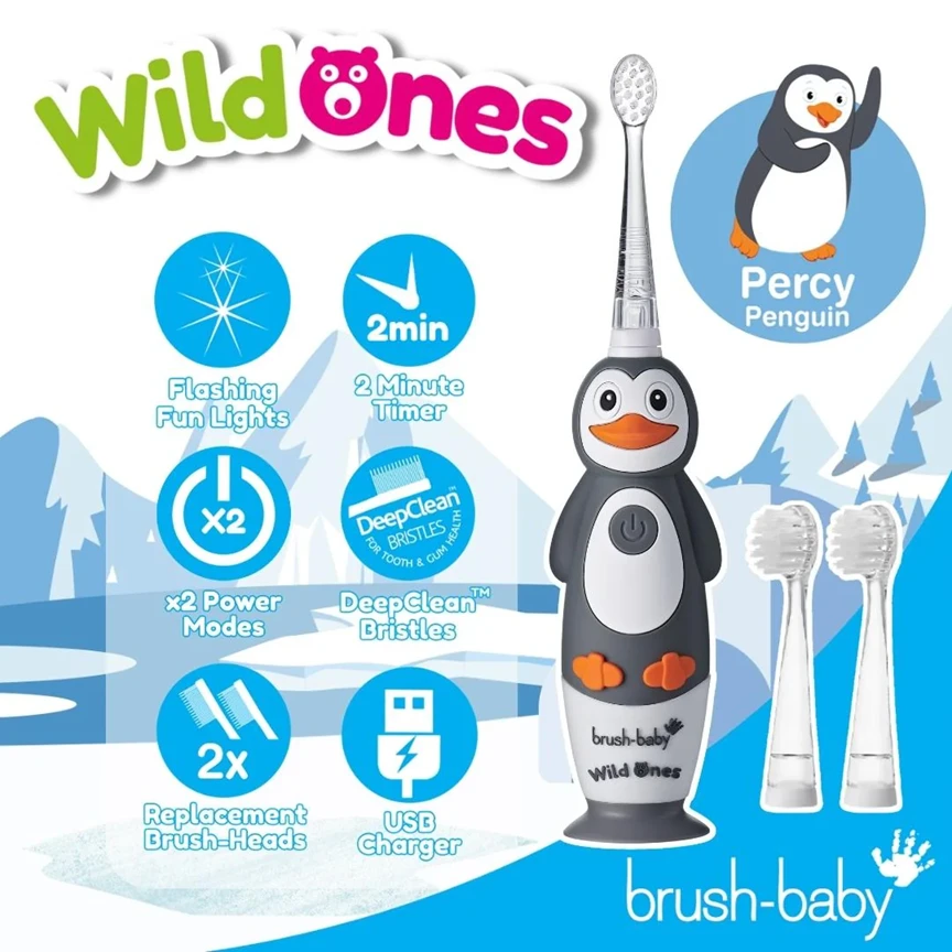 Brush-baby ŠEPETĖLIS BABY_Wild Ones vaikams sonic dantų šepetėlis 0-10 Penguin