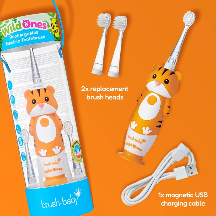 Brush-baby ŠEPETĖLIS BABY_Wild Ones ultragarsinis dantų šepetėlis vaikams 0-10 Tiger