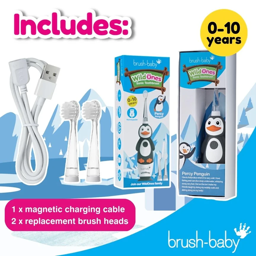 Brush-baby ŠEPETĖLIS BABY_Wild Ones vaikams sonic dantų šepetėlis 0-10 Penguin
