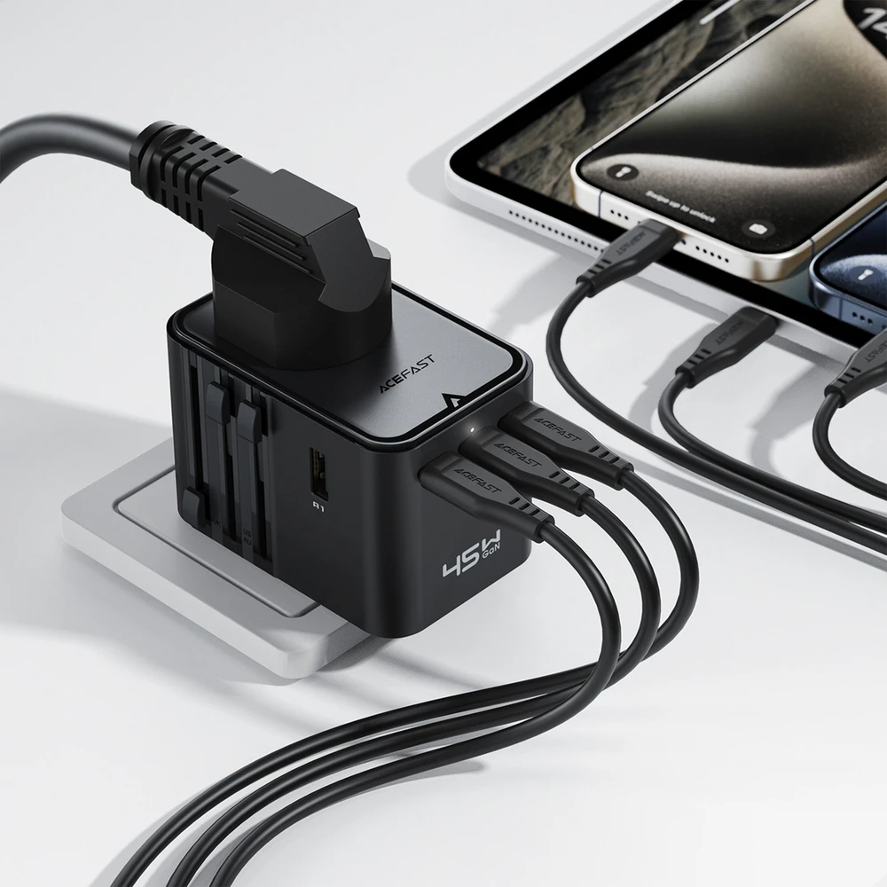 Acefast Z8 GaN 45W kelioninis adapteris su 3x USB-C + 2x USB-A kelioniniu sieniniu įkrovikliu ir 2500W kintamosios srovės lizdu – juodas