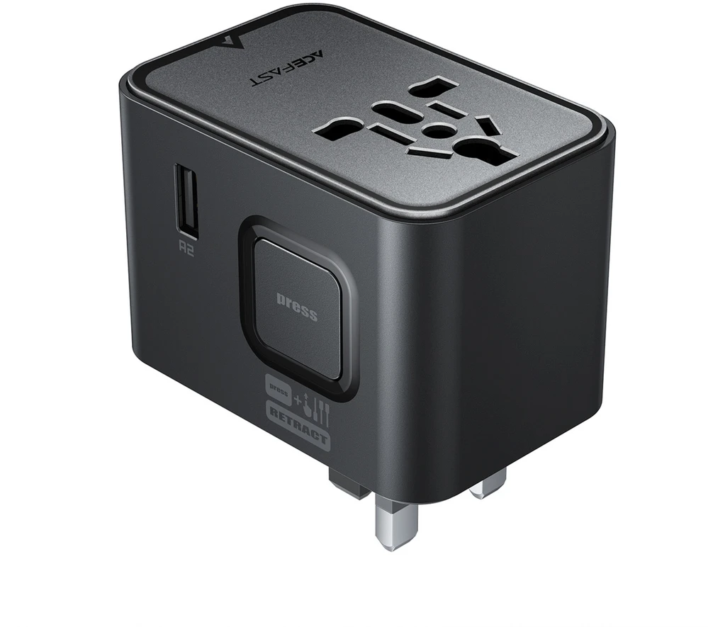 Acefast Z8 GaN 45W kelioninis adapteris su 3x USB-C + 2x USB-A kelioniniu sieniniu įkrovikliu ir 2500W kintamosios srovės lizdu – juodas