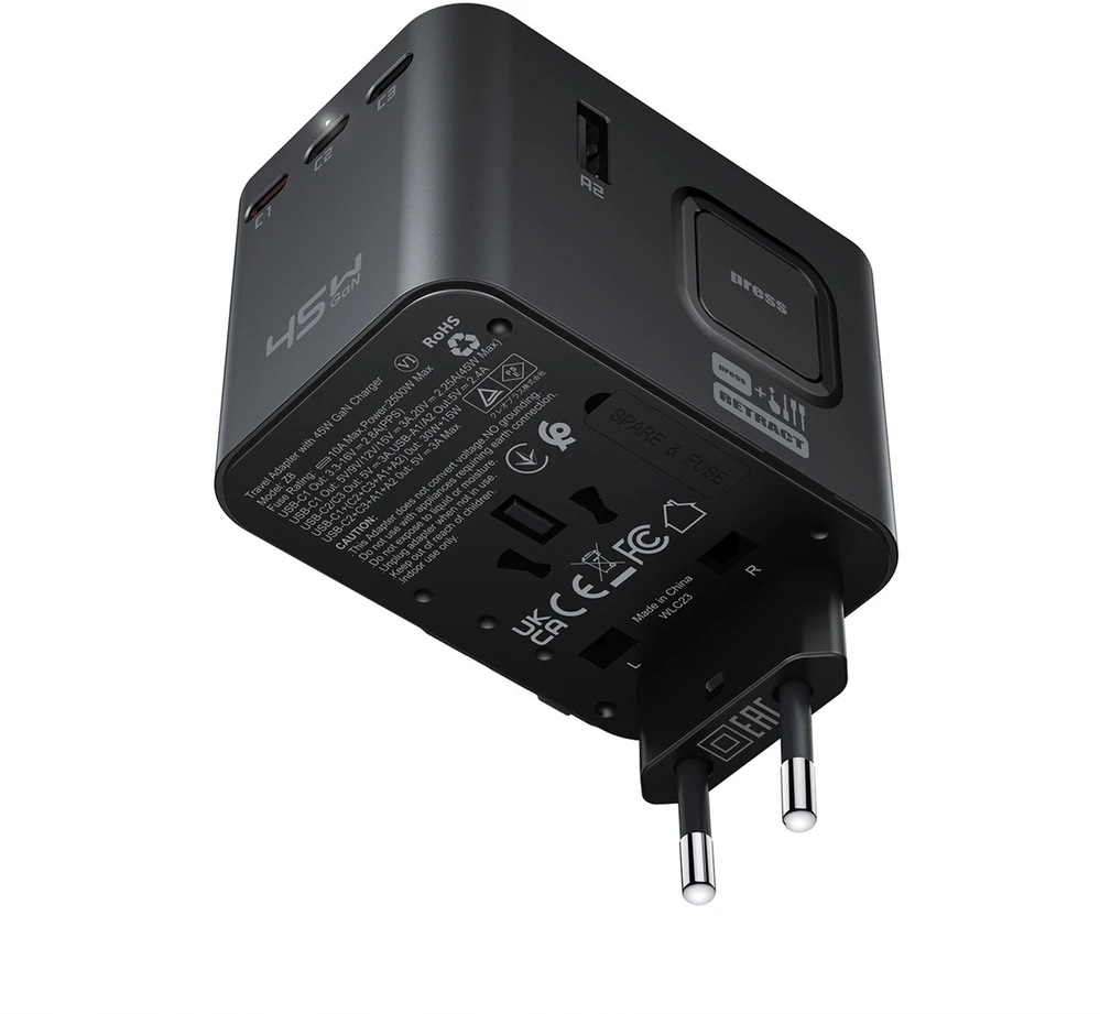 Acefast Z8 GaN 45W kelioninis adapteris su 3x USB-C + 2x USB-A kelioniniu sieniniu įkrovikliu ir 2500W kintamosios srovės lizdu – juodas