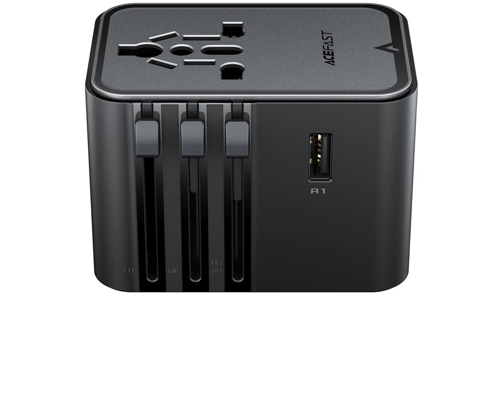 Acefast Z8 GaN 45W kelioninis adapteris su 3x USB-C + 2x USB-A kelioniniu sieniniu įkrovikliu ir 2500W kintamosios srovės lizdu – juodas