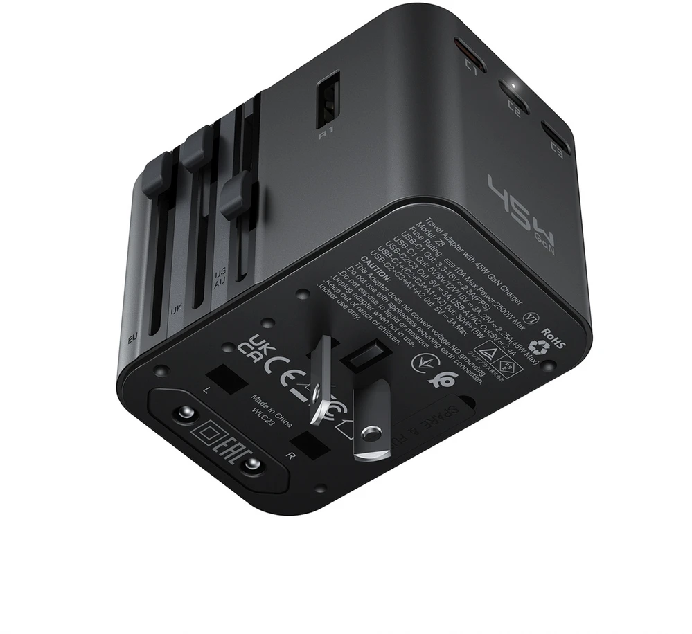 Acefast Z8 GaN 45W kelioninis adapteris su 3x USB-C + 2x USB-A kelioniniu sieniniu įkrovikliu ir 2500W kintamosios srovės lizdu – juodas