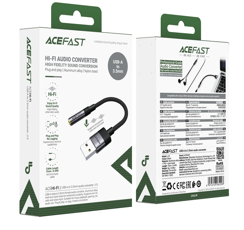 Acefast J13 USB-A to 3.5mm mini jack adapter - juodas