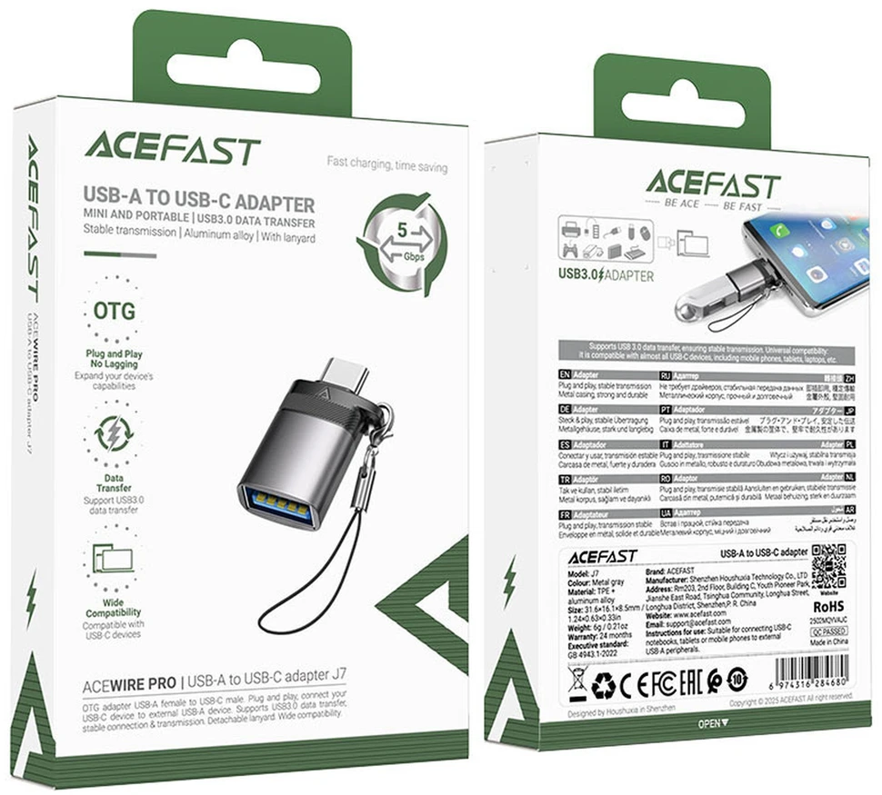 Acefast J7 USB-A - USB-C adapteris - pilkas