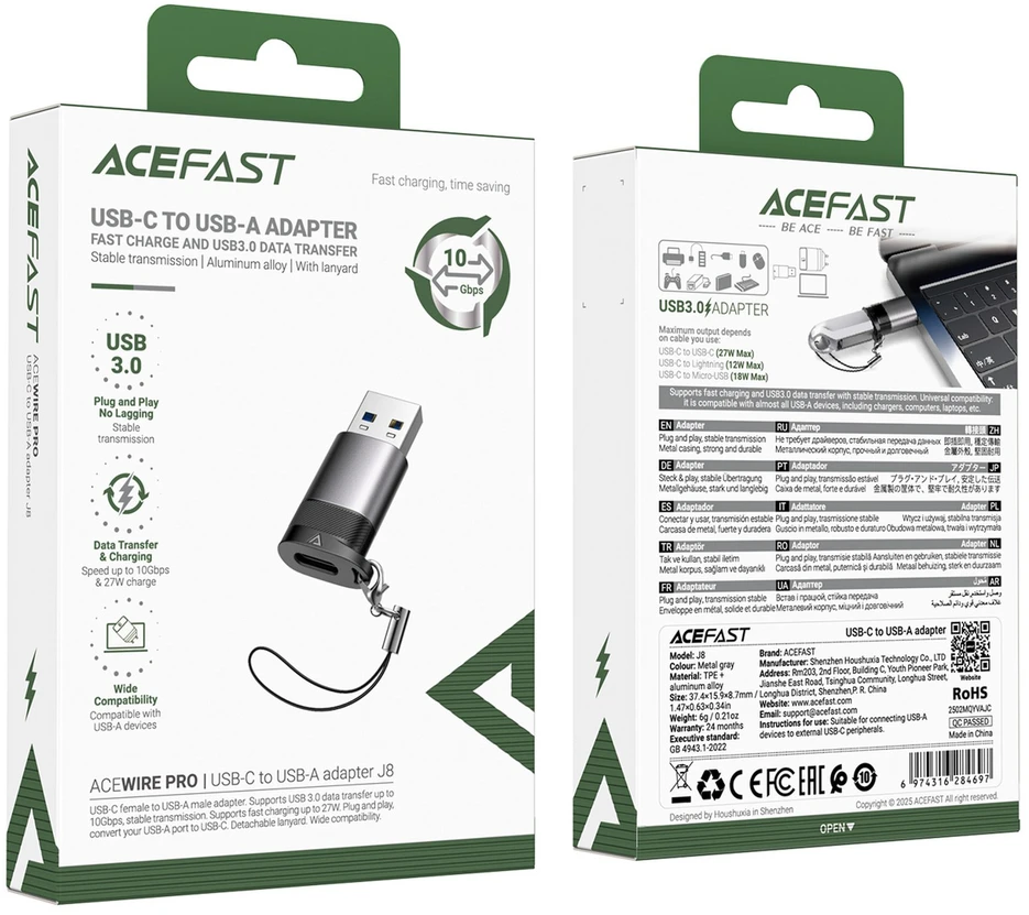 Acefast J8 USB-C - USB-A adapteris - pilkas