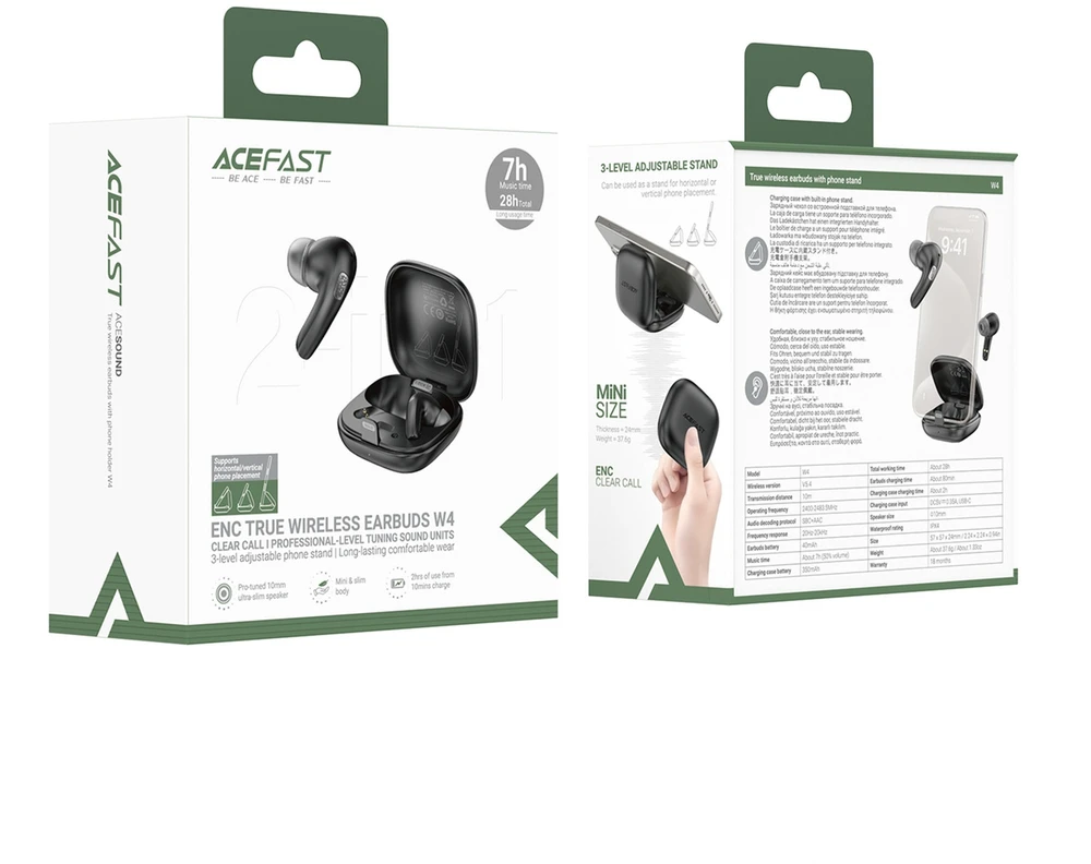 Acefast W4 TWS belaidės Įstatomos į ausis ausinės with phone stand function - juodas