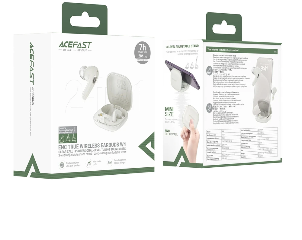 Acefast W4 TWS į ausis įkišamos belaidės ausinės with phone stand function - baltas
