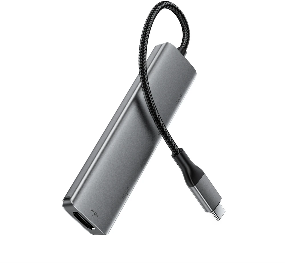 Acefast J16 USB šakotuvas USB-C 5 viename HDMI 4K 60Hz PD90W doko stotelė – pilka