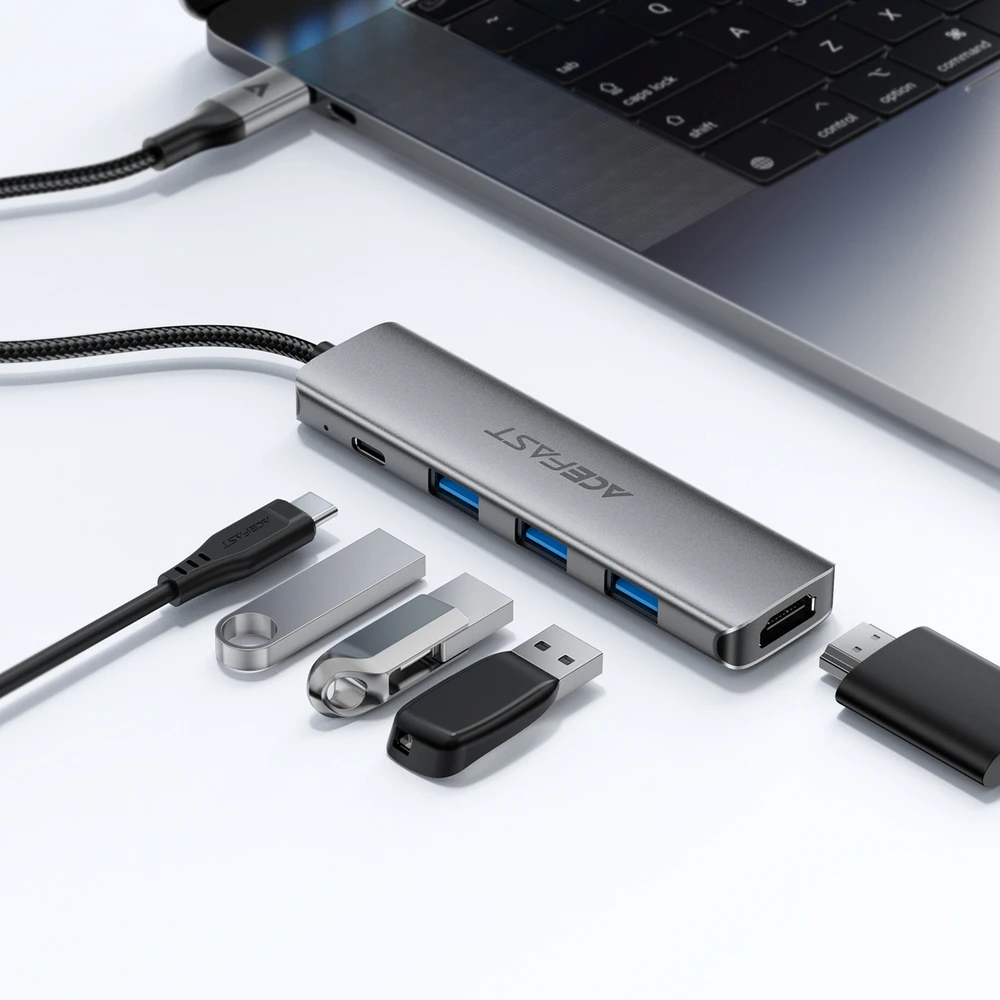 Acefast J16 USB šakotuvas USB-C 5 viename HDMI 4K 60Hz PD90W doko stotelė – pilka