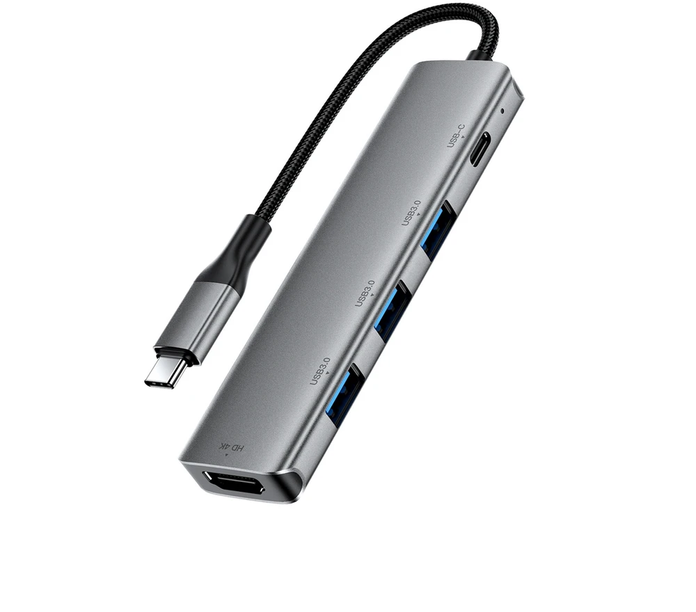 Acefast J16 USB šakotuvas USB-C 5 viename HDMI 4K 60Hz PD90W doko stotelė – pilka