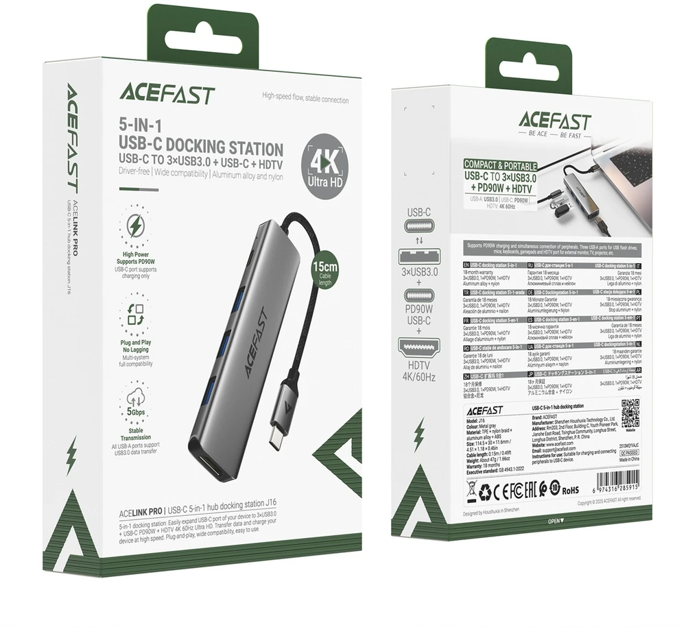 Acefast J16 USB šakotuvas USB-C 5 viename HDMI 4K 60Hz PD90W doko stotelė – pilka