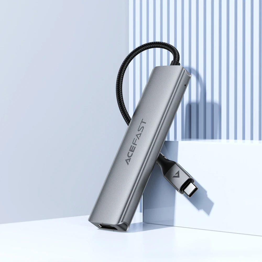 Acefast J16 USB šakotuvas USB-C 5 viename HDMI 4K 60Hz PD90W doko stotelė – pilka