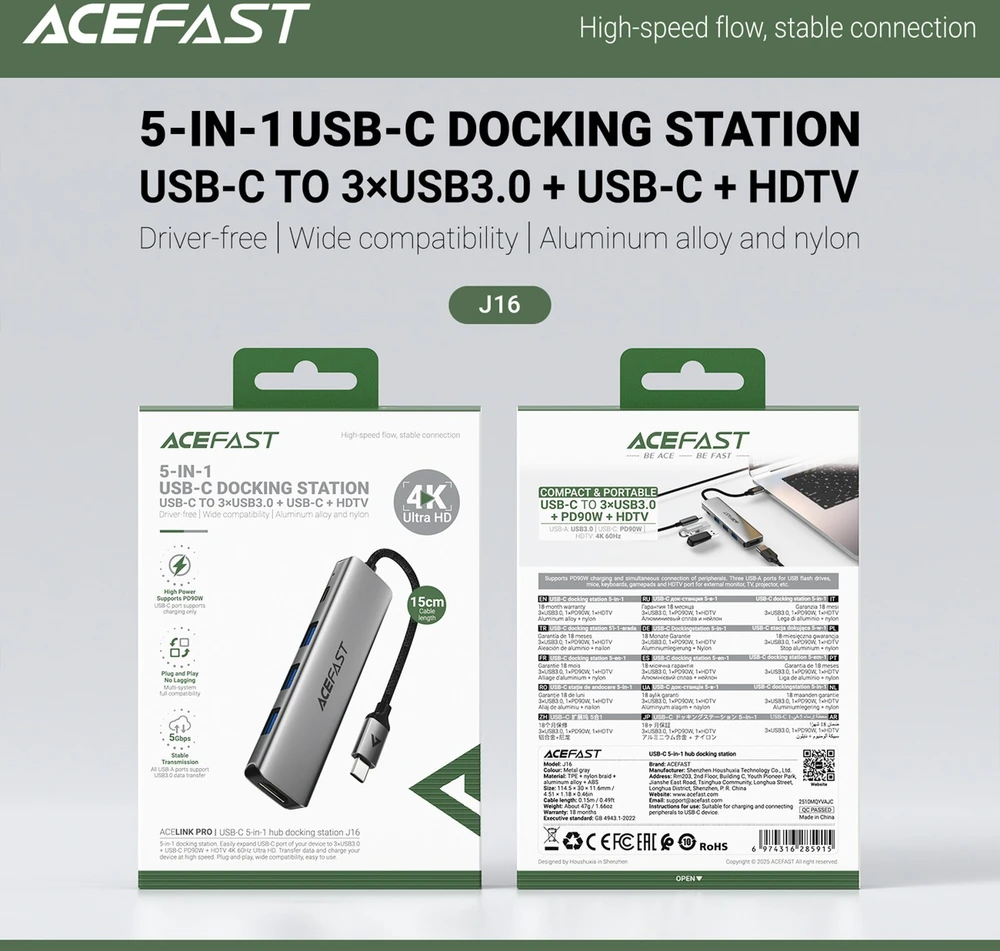 Acefast J16 USB šakotuvas USB-C 5 viename HDMI 4K 60Hz PD90W doko stotelė – pilka