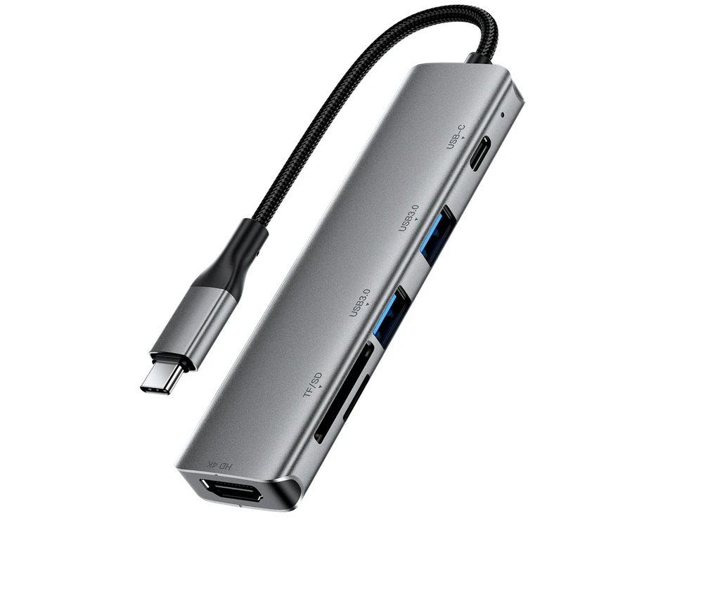 „Acefast J18“ USB šakotuvas, USB-C, 6 viename, HDMI, 4K, 60Hz, PD90W, dokingas – pilkas
