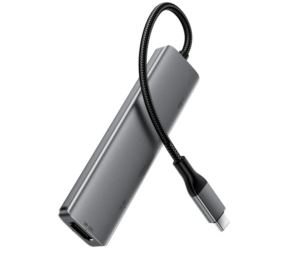 „Acefast J18“ USB šakotuvas, USB-C, 6 viename, HDMI, 4K, 60Hz, PD90W, dokingas – pilkas