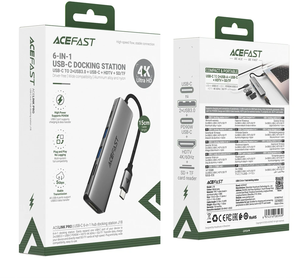 „Acefast J18“ USB šakotuvas, USB-C, 6 viename, HDMI, 4K, 60Hz, PD90W, dokingas – pilkas