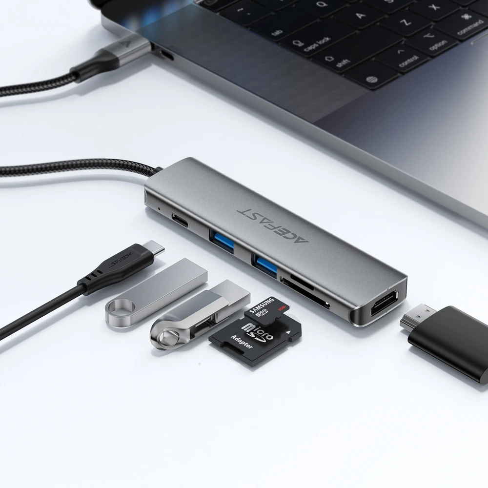 „Acefast J18“ USB šakotuvas, USB-C, 6 viename, HDMI, 4K, 60Hz, PD90W, dokingas – pilkas
