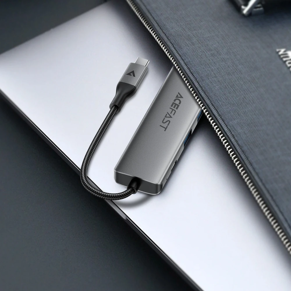„Acefast J18“ USB šakotuvas, USB-C, 6 viename, HDMI, 4K, 60Hz, PD90W, dokingas – pilkas