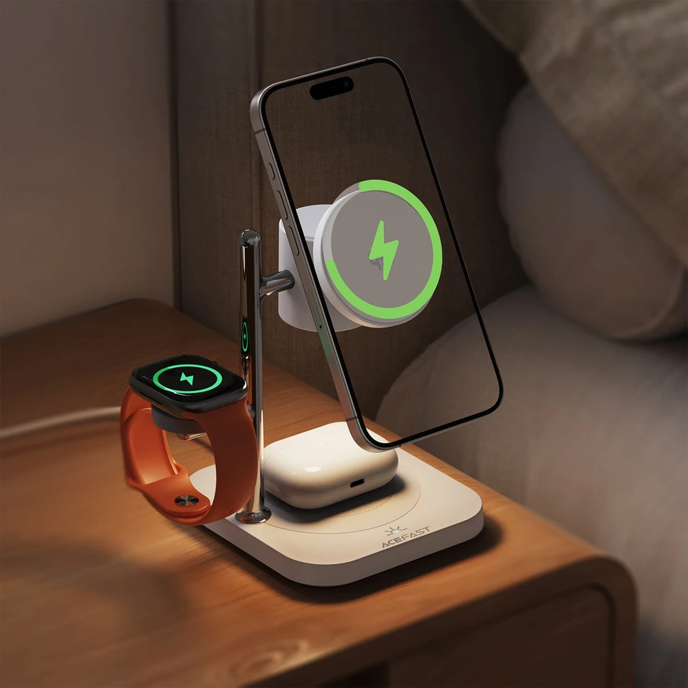 Acefast E39 Qi2.2 25W 4 viename belaidis stalo įkroviklis telefonui, laikrodžiui ir ausinėms su naktiniu apšvietimu – baltas